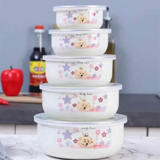 5Pcs Enamel Bowl Set with Lids – Creative Flower & Animal Design