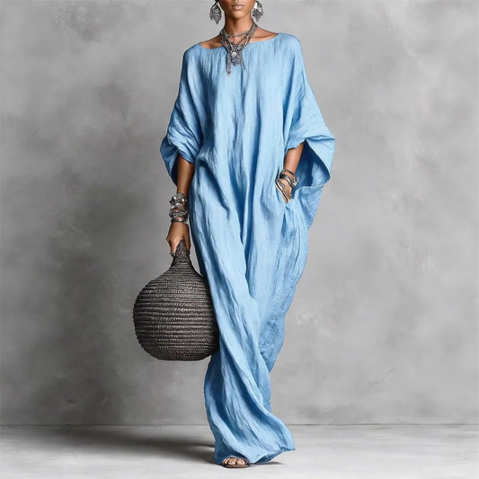 Off-Shoulder Long Sleeve Maxi Dress – Solid Color Casual Style