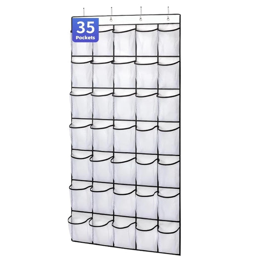 35-Pocket Wall-Mounted Shoe Organizer – Clear Mesh Over-the-Door Storage Rack