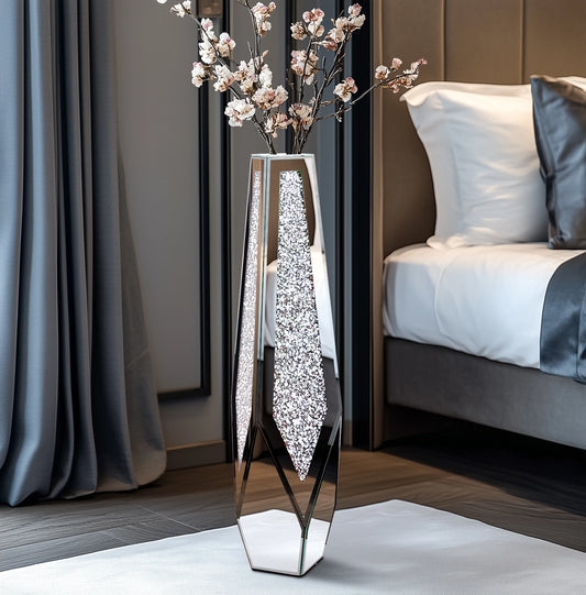 Tall Floor Mirror Vase – Large Crushed Diamond Glass Crystal Centerpiece
