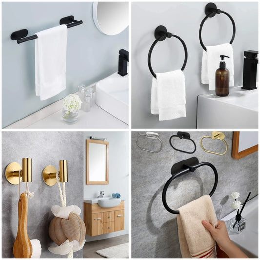 Adhesive Bathroom Hardware Set – Towel Rack, Paper Holder & Hooks