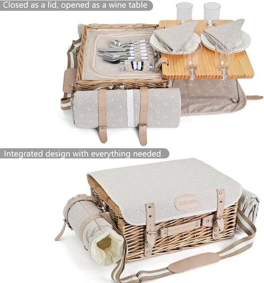Wicker Picnic Basket Set for 4 with Blanket & Table