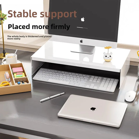 White Monitor Stand with Bamboo Drawer