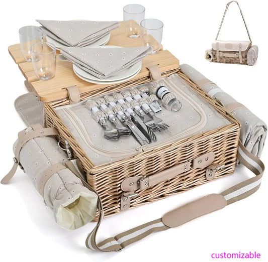 Wicker Picnic Basket Set for 4 with Blanket & Table
