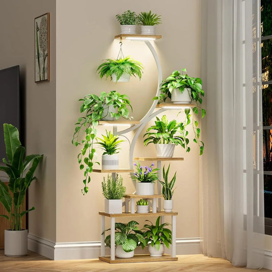 8-Tier Indoor Plant Stand with Grow Light – 62" Metal S-Shaped Rack