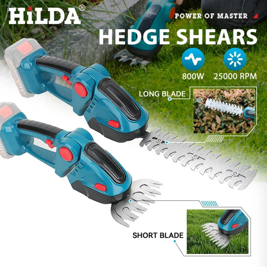HILDA 2-in-1 Cordless Electric Hedge Trimmer & Pruning Shear – Handheld Shrub Mower & Weeding Tool, Compatible with Makita 18V Battery
