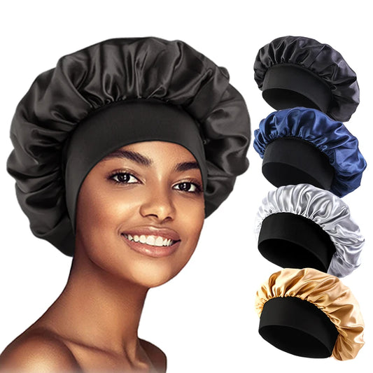Women’s Satin Hair Bonnet – Wide-Brim Night & Bathing Cap with Elastic Band