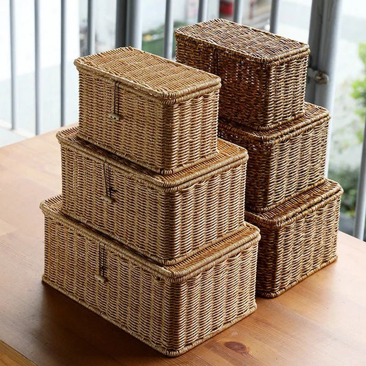 Large Rattan Woven Storage Basket with Lid – Stackable Organizer for Toys & Sundries