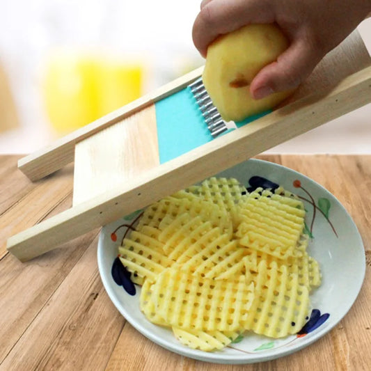 Fries & Potato Grid Cutter – Stainless Steel & Wooden Vegetable Slicer
