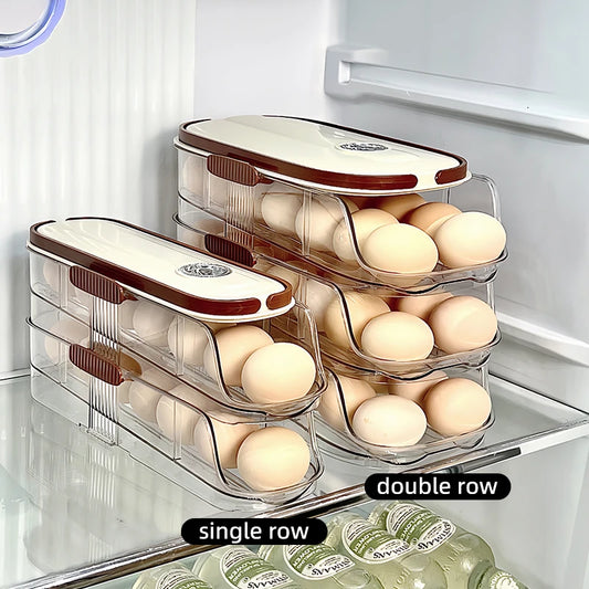 Large Clear Plastic Egg Holder – Automatic Rolling, Stackable Egg Dispenser & Storage Bin