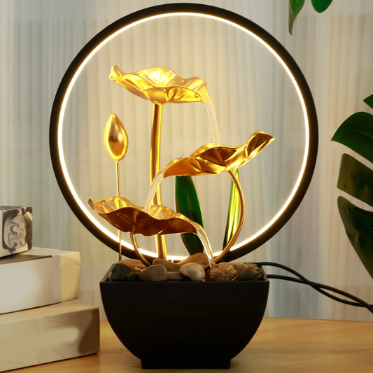 Tabletop Water Fountain – USB Powered Desktop Waterfall with LED Ring Lights & Natural Rocks