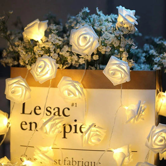 LED White Rose Flower String Lights