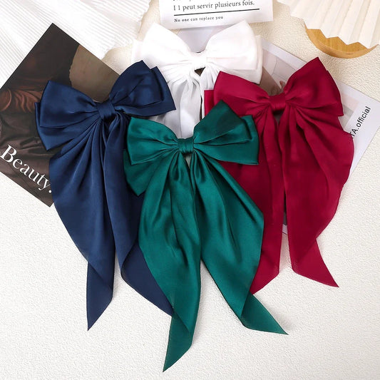 Girls’ Long Satin Bow Hair Clip – Elegant Big Bow Back Head Clip