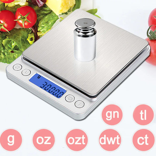 Digital Kitchen Scale – 3kg/0.1g or 500g/0.01g with LCD & Trays