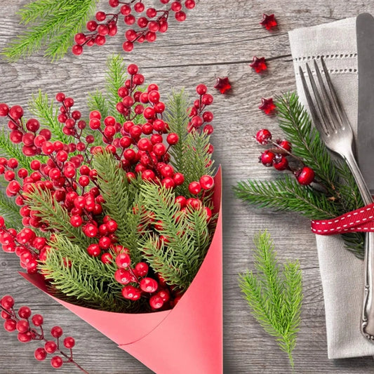 10Pcs Artificial Pine & Holly Berry Branches