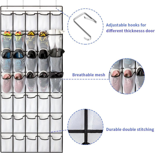 35-Pocket Wall-Mounted Shoe Organizer – Clear Mesh Over-the-Door Storage Rack