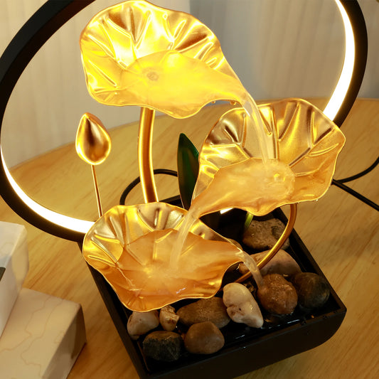Tabletop Water Fountain – USB Powered Desktop Waterfall with LED Ring Lights & Natural Rocks
