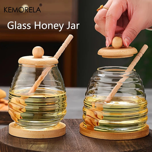 KEMORELA Glass Honey Jar with Dipper & Lid