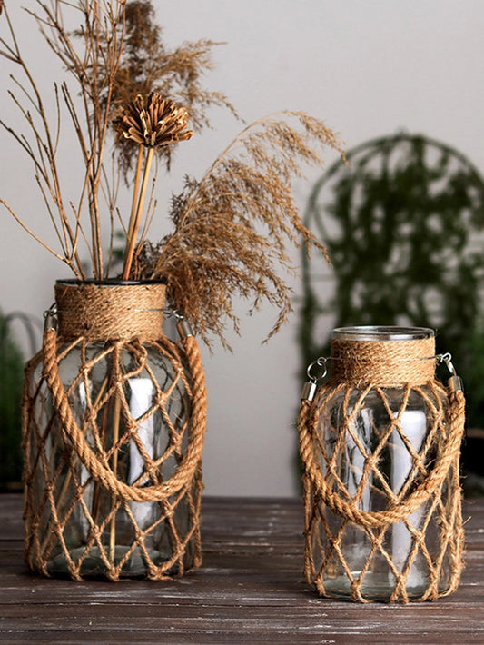 Hand-Woven Hemp Rope Glass Vase
