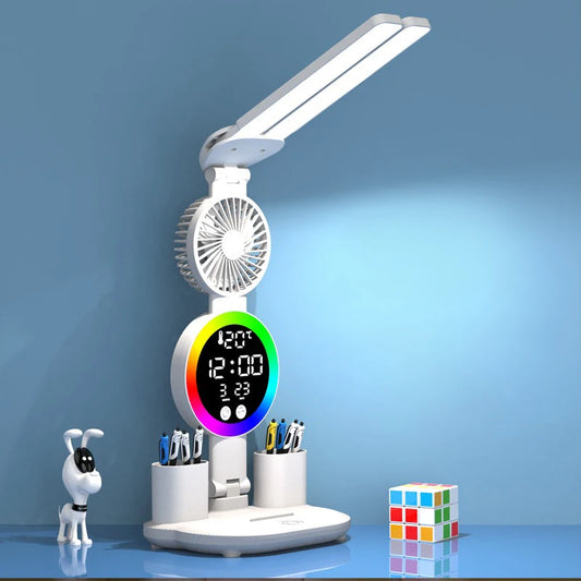 Rechargeable LED Desk Lamp with Clock & Fan