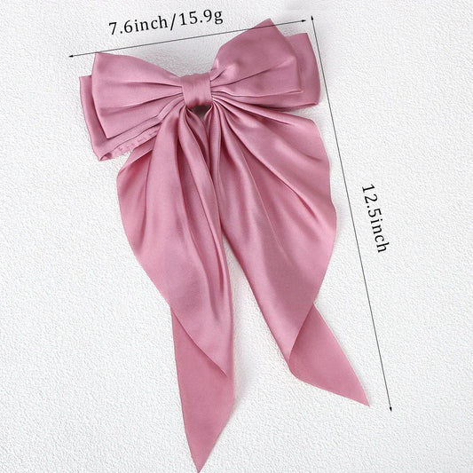Girls’ Long Satin Bow Hair Clip – Elegant Big Bow Back Head Clip