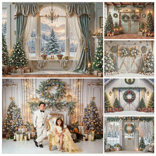 Gold Xmas Fireplace & Windows Backdrop