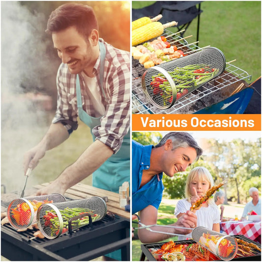Stainless Steel Rolling Grilling Basket Set (2 Pcs)