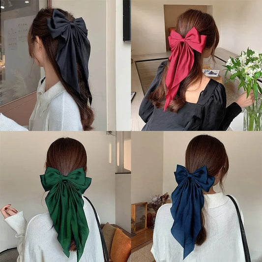 Korean Satin Bow Hair Clip – Elegant Long Ribbon Bowknot Barrette for Women & Girls