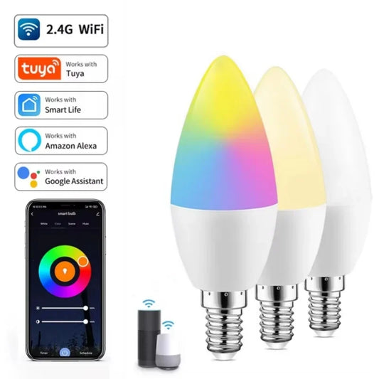 Tuya Smart WiFi LED Bulb – E14 Candle, RGB, Dimmable