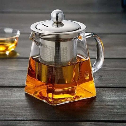 Heat-Resistant Glass Teapot with Stainless Steel Infuser – Clear Tea Kettle with Square Filter Basket