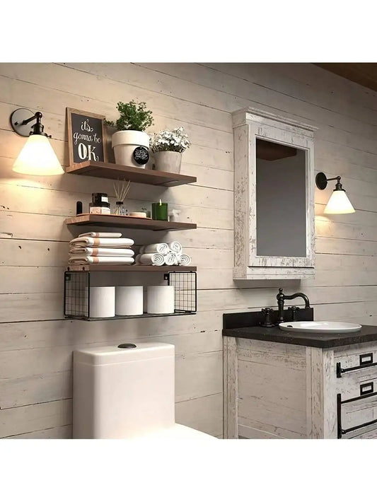Rustic Pine Floating Shelf with Basket