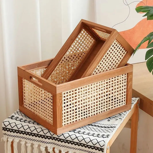 Retro Solid Wood & Rattan Storage Box