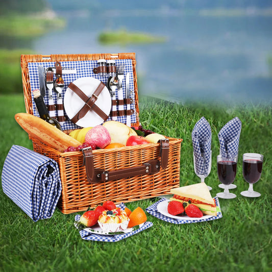 Handwoven Picnic Basket Kit for 4 with Blanket & Utensils
