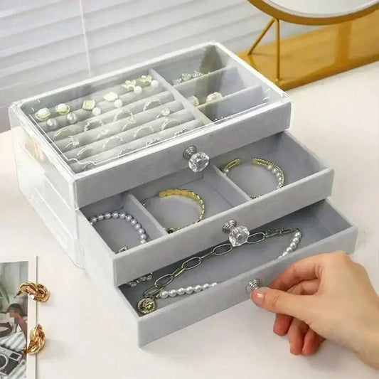 Acrylic Velvet Jewelry Organizer – 3-Drawer Stackable Display for Earrings, Necklaces & Bracelets