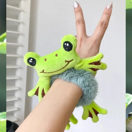 1pc Frog Plush Hair Scrunchie – Cute Green Elastic Hair Band for Women & Girls