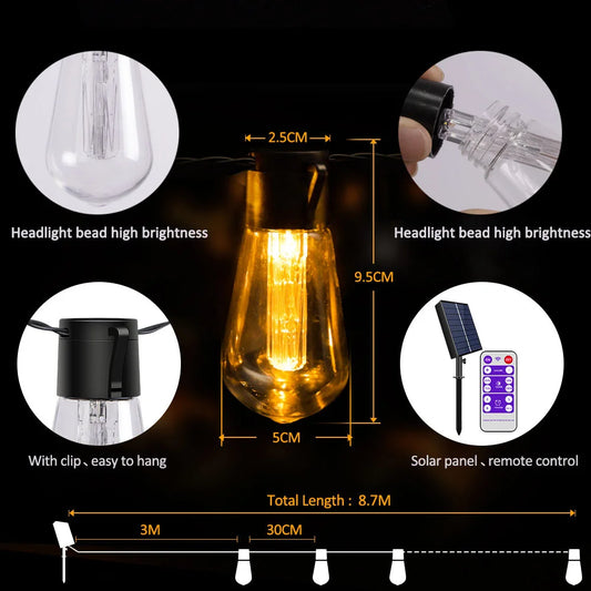 High-Brightness 20FT Solar String Lights – 20 S14 LED Bulbs, Shatterproof & Waterproof, Outdoor Garden Fairy Lights