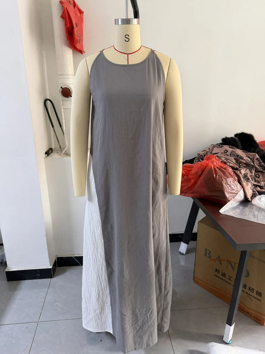 Color Block Off-Shoulder Sleeveless Casual Dress with Pockets